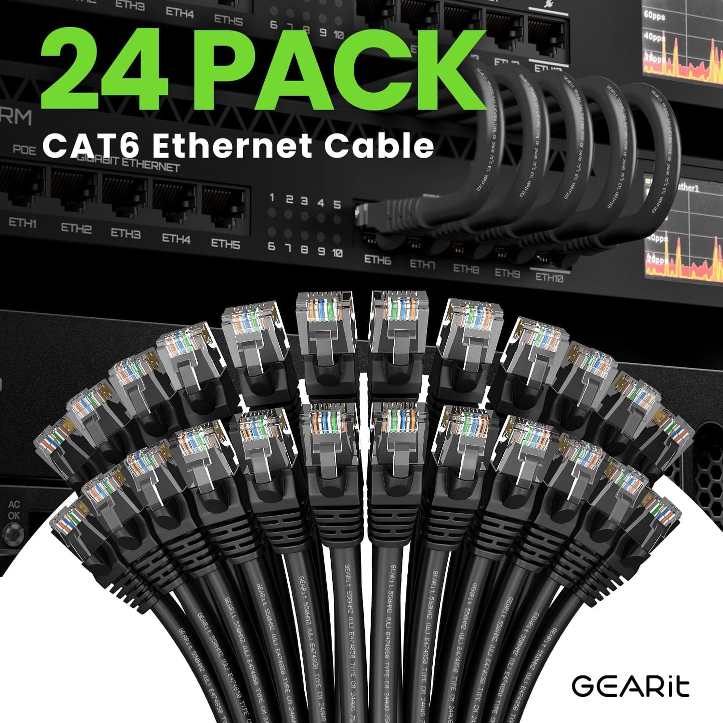 Cat 6 Ethernet Cable Pack - 24-Pack 5 Ft Cat6 Ethernet Patch Cables | RJ45 Network Patch Cable, 10 Gbps Snagless Gold-Plated Connectors - Ethernet Cable Cat 6 for PC, TV, Router - Black