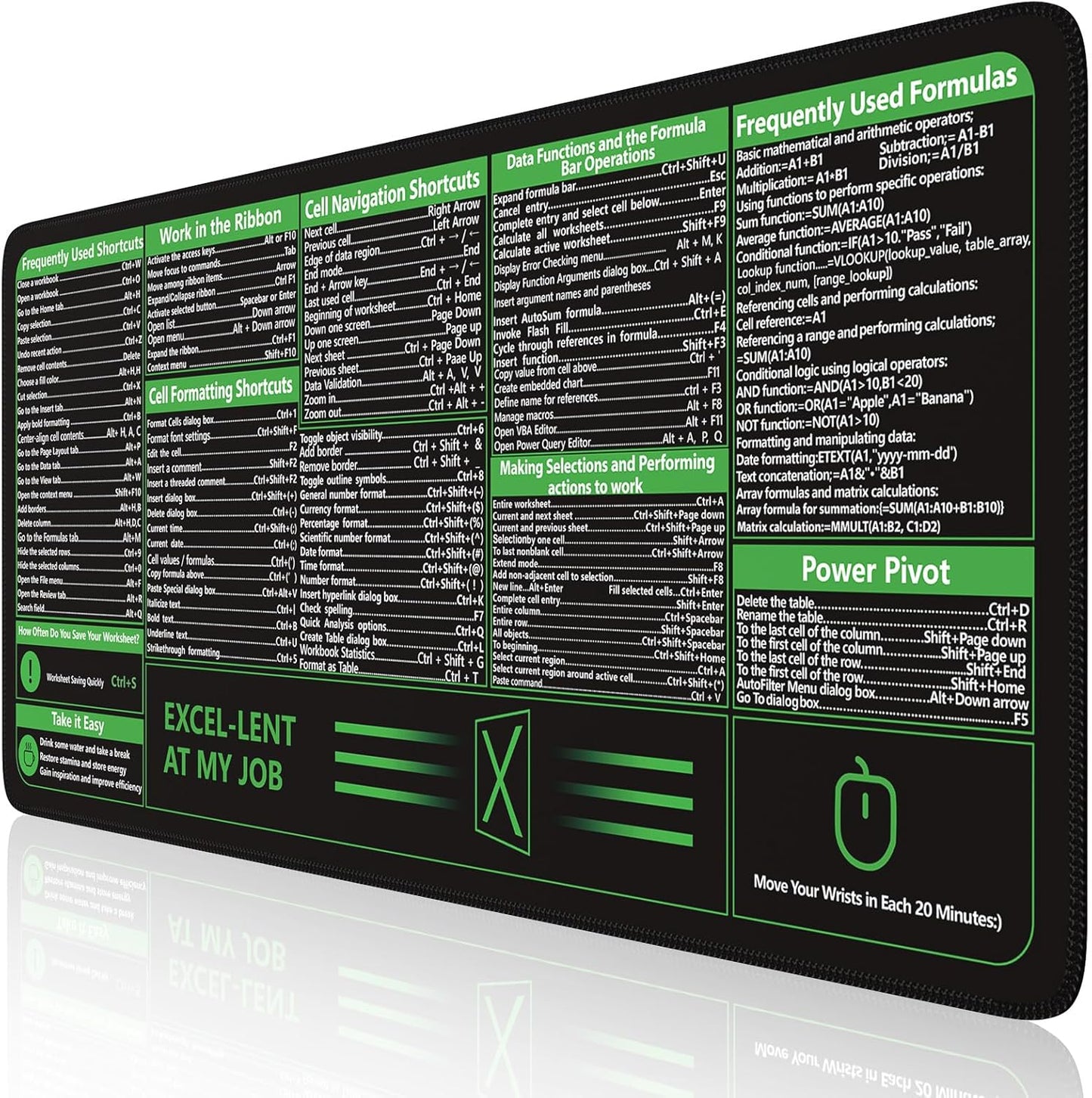 Excel Cheat Sheet Desk Pad, Excel Mouse Pad Shortcuts, Excell Short Cut Desk Mat, Extended Large XXL Non-Slip Exel Mousepad with Stitched Edges for Computer Keyboard