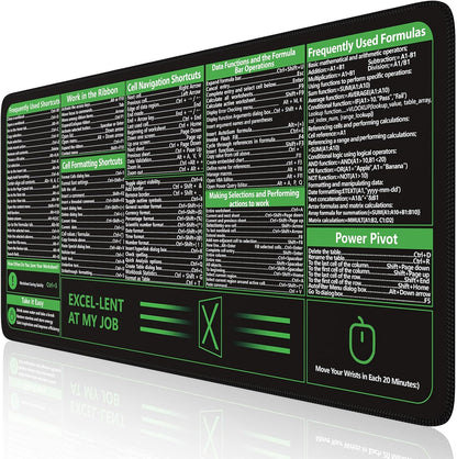 Excel Cheat Sheet Desk Pad, Excel Mouse Pad Shortcuts, Excell Short Cut Desk Mat, Extended Large XXL Non-Slip Exel Mousepad with Stitched Edges for Computer Keyboard