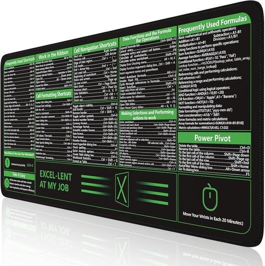 Excel Cheat Sheet Desk Pad, Excel Mouse Pad Shortcuts, Excell Short Cut Desk Mat, Extended Large XXL Non-Slip Exel Mousepad with Stitched Edges for Computer Keyboard