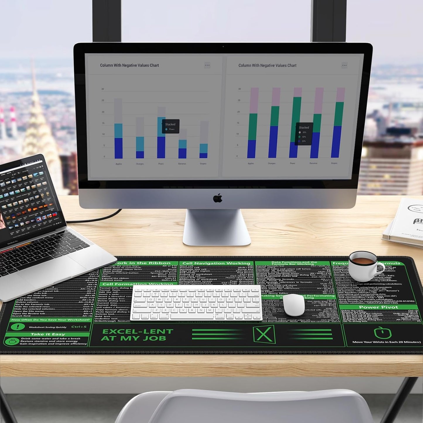 Excel Cheat Sheet Desk Pad, Excel Mouse Pad Shortcuts, Excell Short Cut Desk Mat, Extended Large XXL Non-Slip Exel Mousepad with Stitched Edges for Computer Keyboard