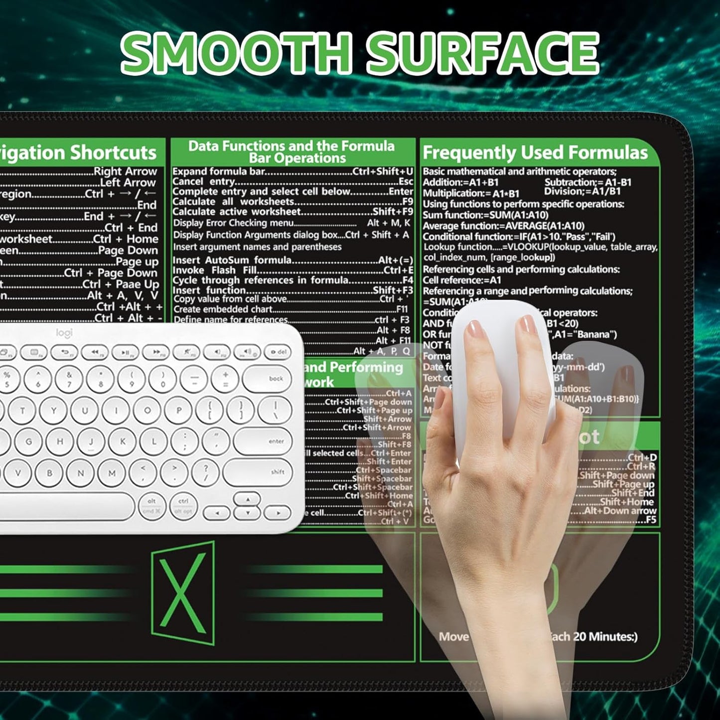 Excel Cheat Sheet Desk Pad, Excel Mouse Pad Shortcuts, Excell Short Cut Desk Mat, Extended Large XXL Non-Slip Exel Mousepad with Stitched Edges for Computer Keyboard