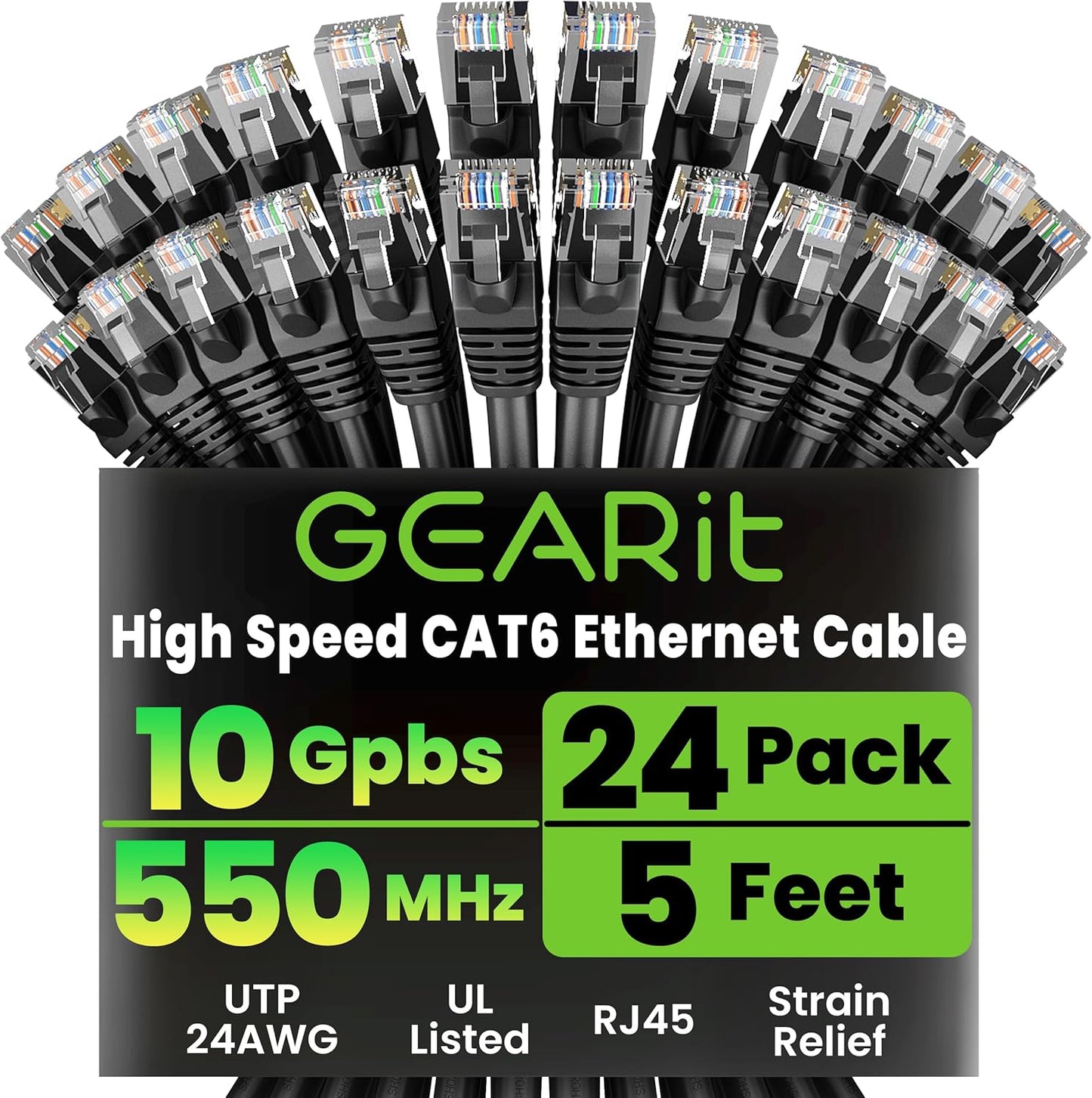Cat 6 Ethernet Cable Pack - 24-Pack 5 Ft Cat6 Ethernet Patch Cables | RJ45 Network Patch Cable, 10 Gbps Snagless Gold-Plated Connectors - Ethernet Cable Cat 6 for PC, TV, Router - Black