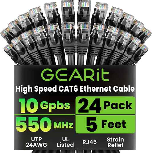 Cat 6 Ethernet Cable Pack - 24-Pack 5 Ft Cat6 Ethernet Patch Cables | RJ45 Network Patch Cable, 10 Gbps Snagless Gold-Plated Connectors - Ethernet Cable Cat 6 for PC, TV, Router - Black
