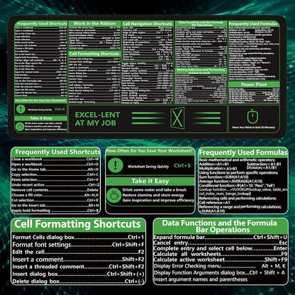 Excel Cheat Sheet Desk Pad, Excel Mouse Pad Shortcuts, Excell Short Cut Desk Mat, Extended Large XXL Non-Slip Exel Mousepad with Stitched Edges for Computer Keyboard